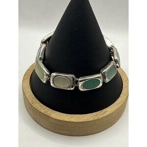 Silver Tone Link Bracelet Muted Green Sea Glass Aesthetic Cabochon Stone